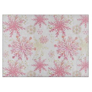 Watercolor Pink and Gold Glitter Winter Snowflakes Cutting Board
