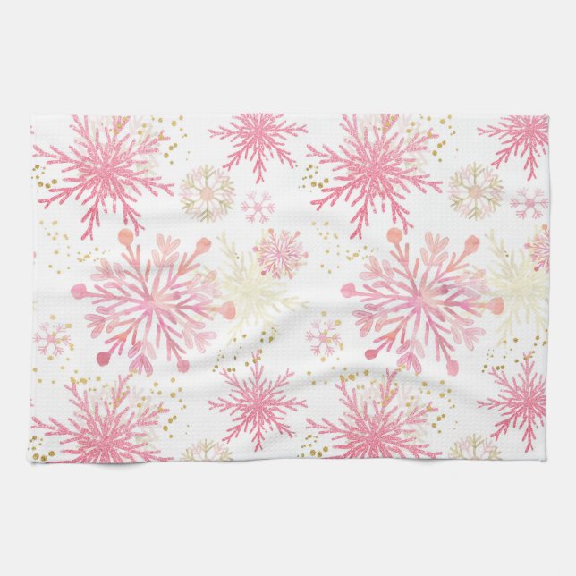 Watercolor Pink and Gold Glitter Winter Snowflakes Kitchen Towel (Horizontal)