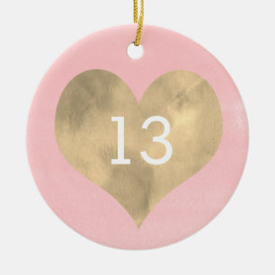 Watercolor Pink and Gold Heart 13th Birthday Ceramic Ornament
