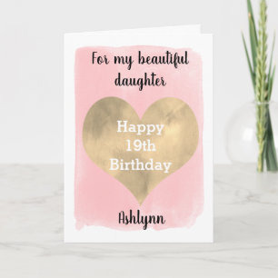 Watercolor Pink and Gold Heart 19th Birthday Card