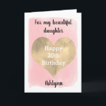 Watercolor Pink and Gold Heart 20th Birthday Card<br><div class="desc">A pretty pink and gold heart 20th birthday card for daughter, granddaughter, niece, etc. The front of this watercolor 20th birthday card for her can be easily personalized with her name. The inside card message and the back of the card can also be edited if wanted. This would make a...</div>