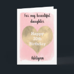 Watercolor Pink and Gold Heart 20th Birthday Card<br><div class="desc">A pretty pink and gold heart 20th birthday card for daughter, granddaughter, niece, etc. The front of this watercolor 20th birthday card for her can be easily personalized with her name. The inside card message and the back of the card can also be edited if wanted. This would make a...</div>