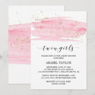 Watercolor Pink and Gold Twin Girls Baby Shower Invitation