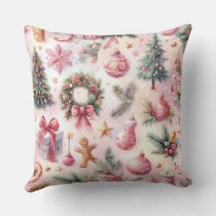 Watercolor Pink and Green Christmas Motifs Collage Throw Pillow