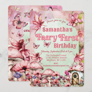 Watercolor Pink and Green Fairy First Birthday Invitation