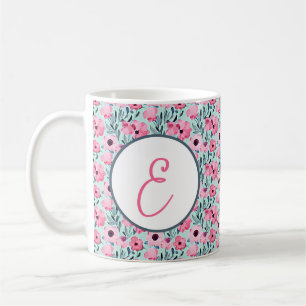 Watercolor pink and green floral pattern monogram coffee mug