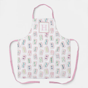 Watercolor Pink and Green Mahjong Tiles Monogram Apron