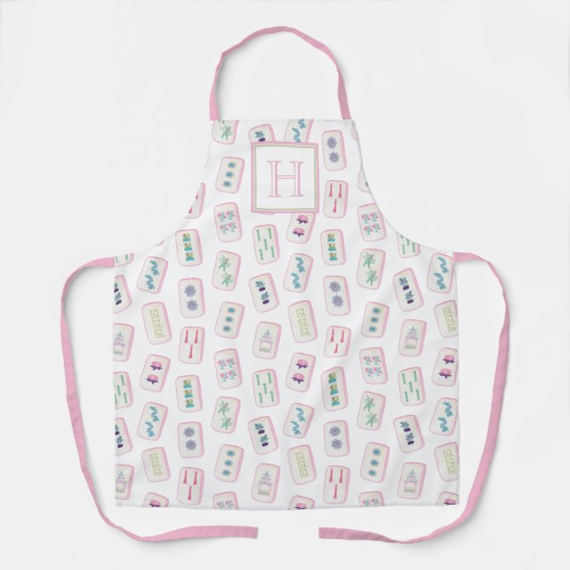 Watercolor Pink and Green Mahjong Tiles Monogram Apron (Front)