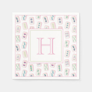 Watercolor Pink and Green Mahjong Tiles Monogram Napkin
