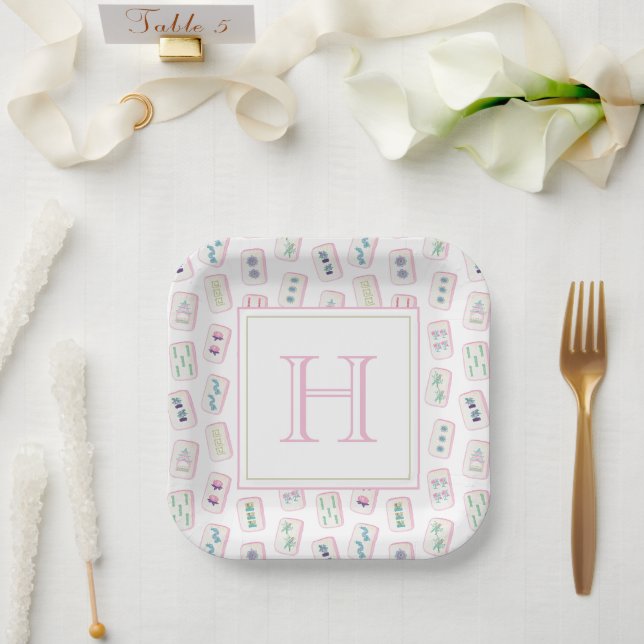 Watercolor Pink and Green Mahjong Tiles Monogram Paper Plate (Wedding)