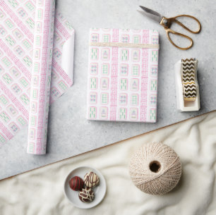 Watercolor Pink and Green Mahjong Tiles Wrapping Paper