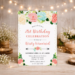 Watercolor Pink and Mint Flowers 21st Birthday Invitation
