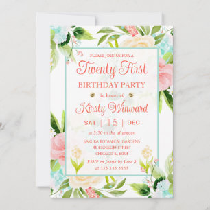 Watercolor Pink and Mint Flowers 21st Birthday Invitation