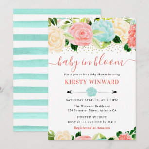 Watercolor Pink and Mint Flowers Baby Shower Invitation