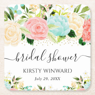Watercolor Pink and Mint Flowers Bridal Shower Square Paper Coaster