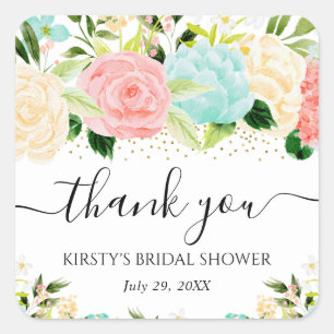 Watercolor Pink and Mint Flowers Bridal Shower Square Sticker