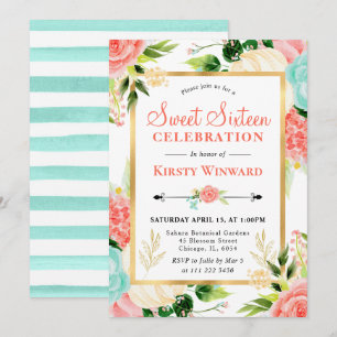 Watercolor Pink and Mint Flowers Sweet Sixteen Invitation