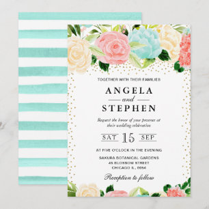 Watercolor Pink and Mint Flowers Wedding Invitation
