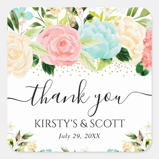 Watercolor Pink and Mint Flowers Wedding Square Sticker (Front)