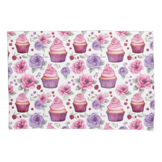 Watercolor Pink and Purple Cupcakes and Flowers Pillowcase