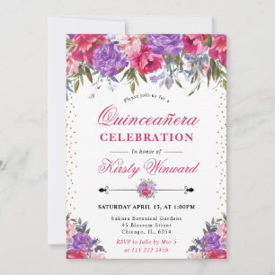 Watercolor Pink and Purple Flowers Quinceanera Invitation