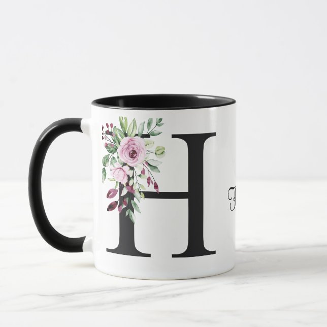 "Watercolor Pink and Purple Roses Initial 'H' Mug (Left)
