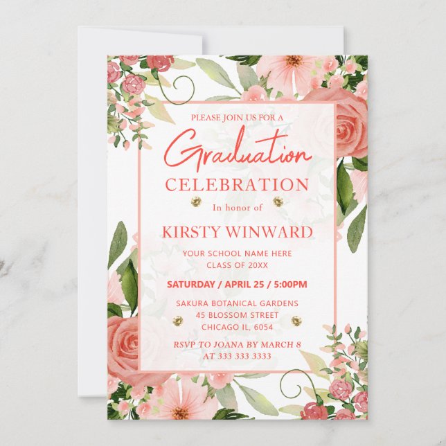 Watercolor Pink and Red Roses Graduation Invitation (Front)