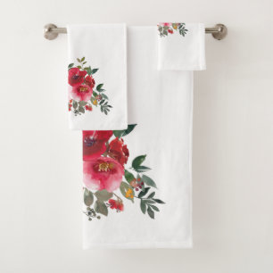 Watercolor Pink and Red Roses On White  Bath Towel