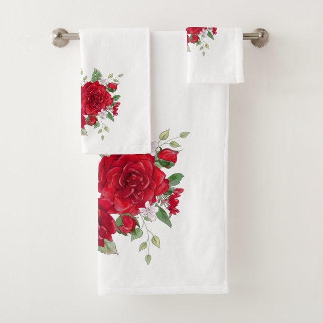 Watercolor Pink and Red Roses On White  Bath Towel (Insitu)