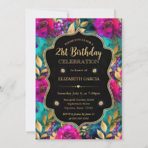 Watercolor Pink and Teal Flowers 21st Birthday Invitation
