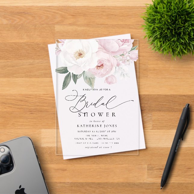 Watercolor pink and white flowers bridal shower acrylic invitations (Insitu (Invitation Card))