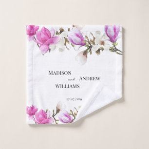 Watercolor Pink and White Magnolia Blossom Bath Towel Set