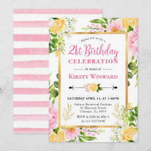 Watercolor Pink and Yellow Flowers 21st Birthday Invitation