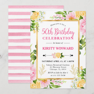 Watercolor Pink  and Yellow Flowers 50th Birthday Invitation