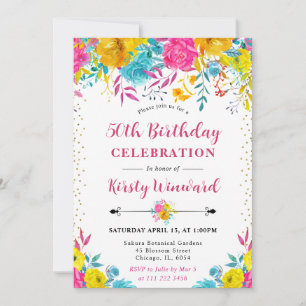 Watercolor Pink and Yellow Flowers 50th Birthday Invitation