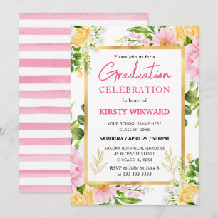 Watercolor Pink  and Yellow Flowers Graduation Invitation