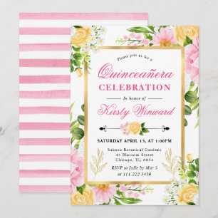 Watercolor Pink  and Yellow Flowers Quinceanera Invitation