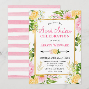 Watercolor Pink and Yellow Flowers Sweet 16 Invitation