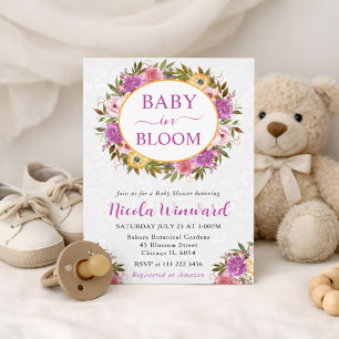 Watercolor Pink and Yellow Wreath Baby Shower Invitation