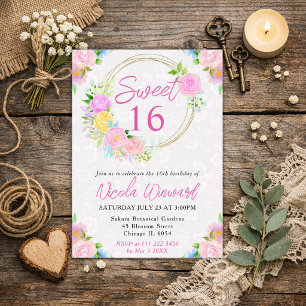 Watercolor Pink and Yellow Wreath Sweet 16 Invitation