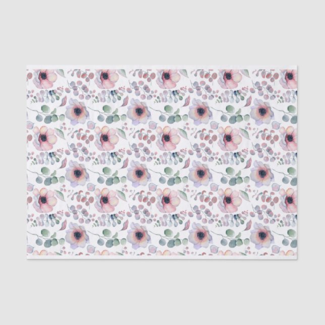 Watercolor Pink Anemone and Eucalyptus Pattern Tissue Paper (Front)