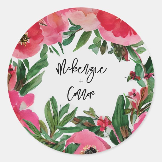 Watercolor Pink Anemone Floral Wedding Classic Round Sticker (Front)