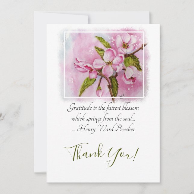 Watercolor Pink Apple Blossoms Thank You Card (Front)