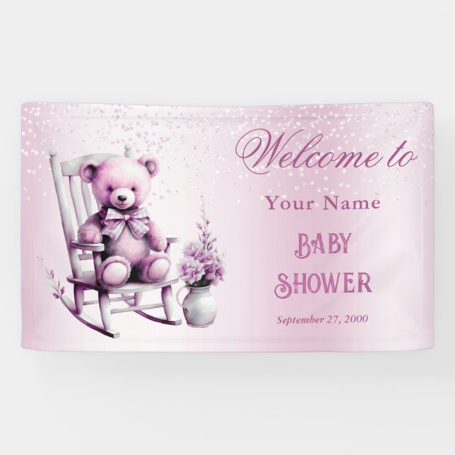 Watercolor Pink Baby Bear Baby Shower Welcome Banner (Horizontal)