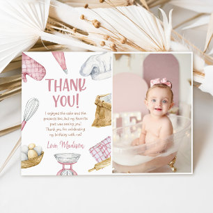 Watercolor Pink Baking Girl Birthday Photo Thank You Card