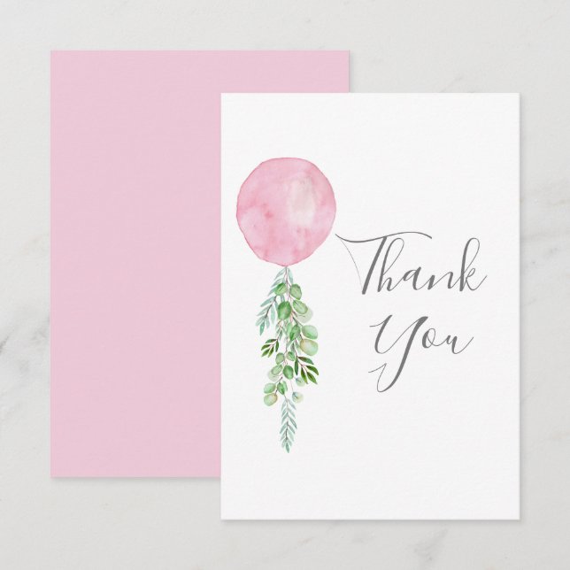 Watercolor Pink Balloon Eucalyptus Greenery Thank You Card (Front/Back)