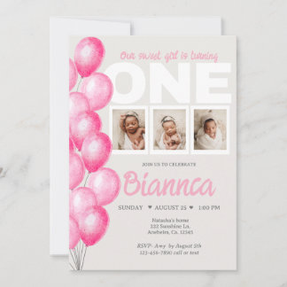 Watercolor Pink Balloon Photo First Birthday Invitation