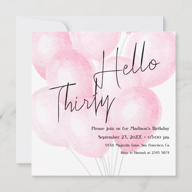 Watercolor Pink Balloons Birthday Invitation (Front)