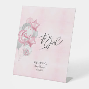 Watercolor Pink Balloons It’s A Girl Baby Shower Pedestal Sign