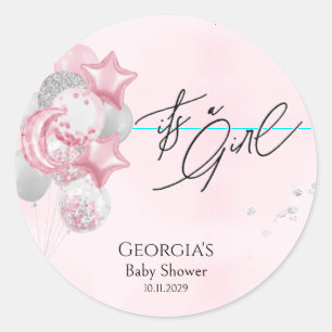 Watercolor Pink Balloons Its A Girl Baby Shower Classic Round Sticker